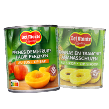 Del Monte halve perziken op sap, ananasschijven op siroop of fruitcocktail op lichte siroop